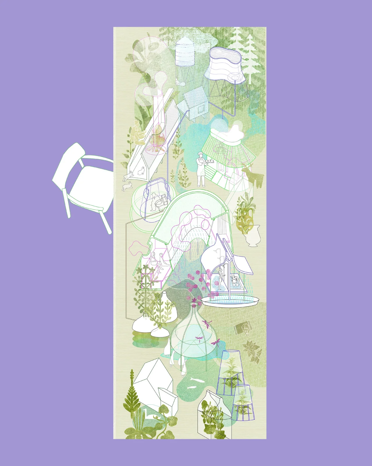 Illustrative collage poster blending furniture, plants and water elements on a purple background, as a layered digital collage
