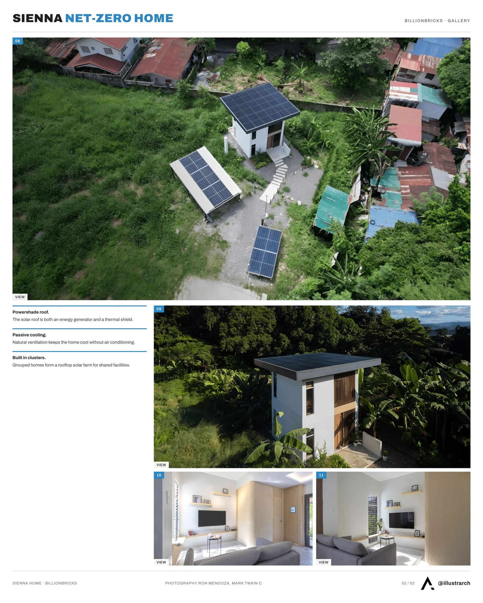 Second presentation board sheet for Sienna Net-Zero Home by billionBricks, laying out the project drawings and images on one page