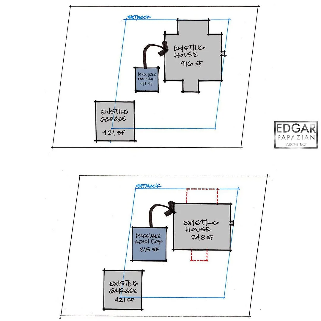 Hand drawn site plan diagrams comparing an existing house, garage and possible addition within setback lines
