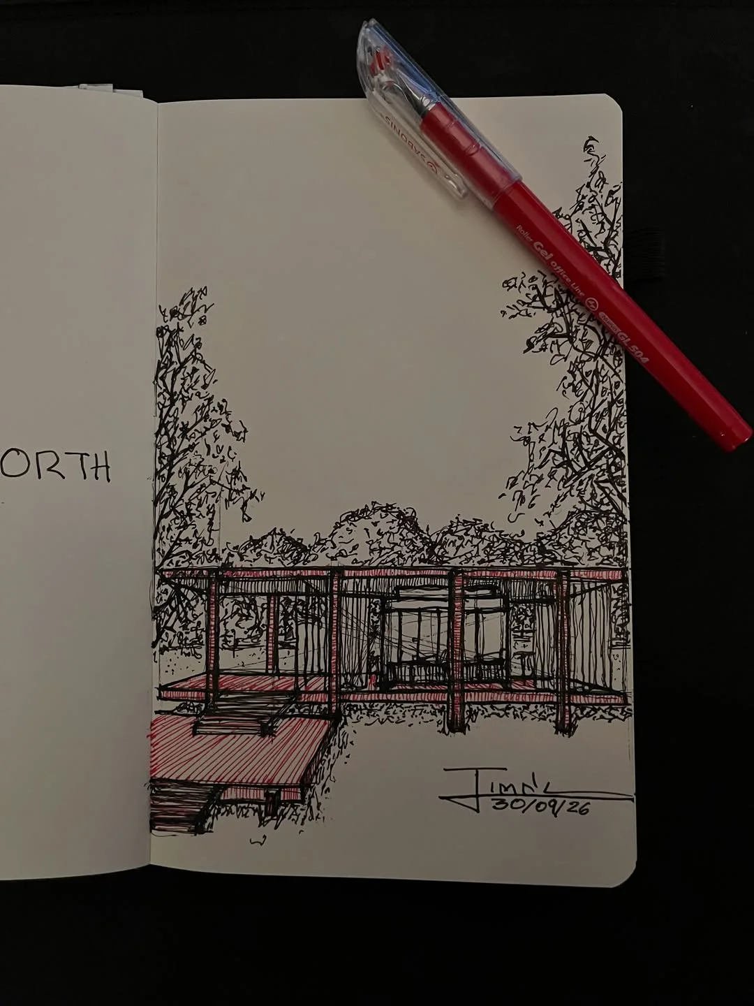 Sketchbook elevation of the Farnsworth House studying its columns, slabs and proportion against trees