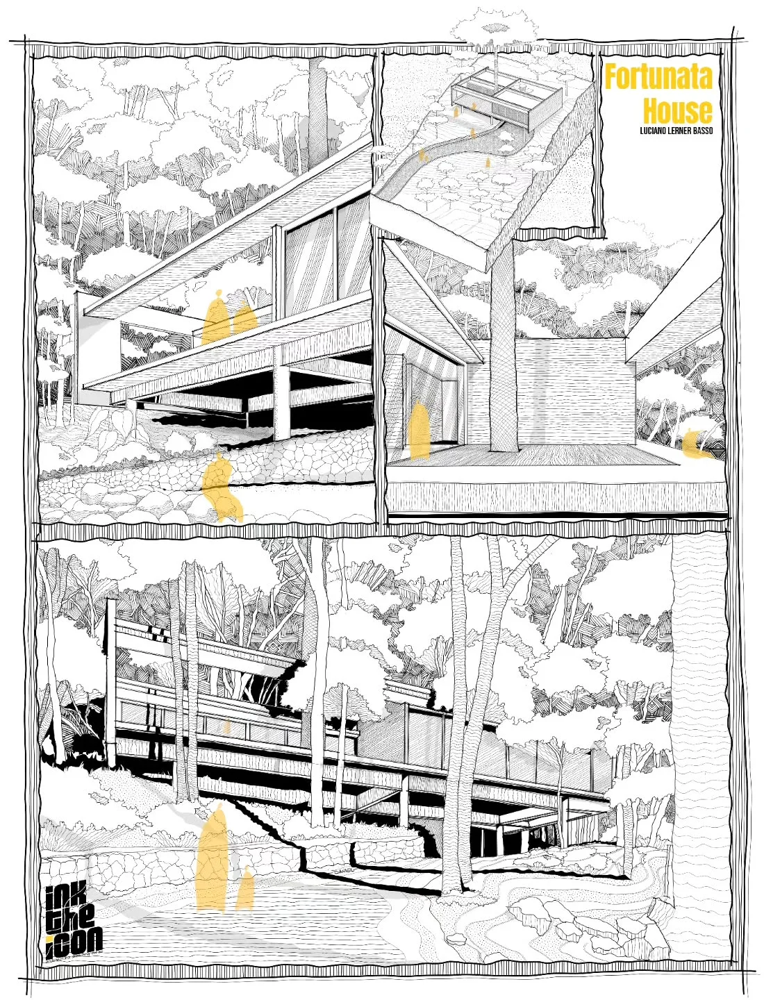 Black and white sectional perspective sketch of Fortunata House with yellow accents
