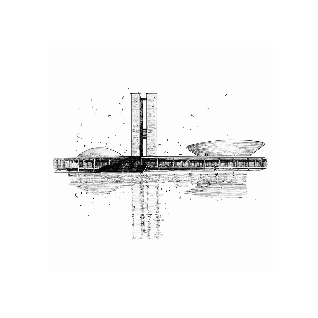 Minimal pen sketch of the Planalto palace in Brasilia with long horizontal lines and its reflection in water