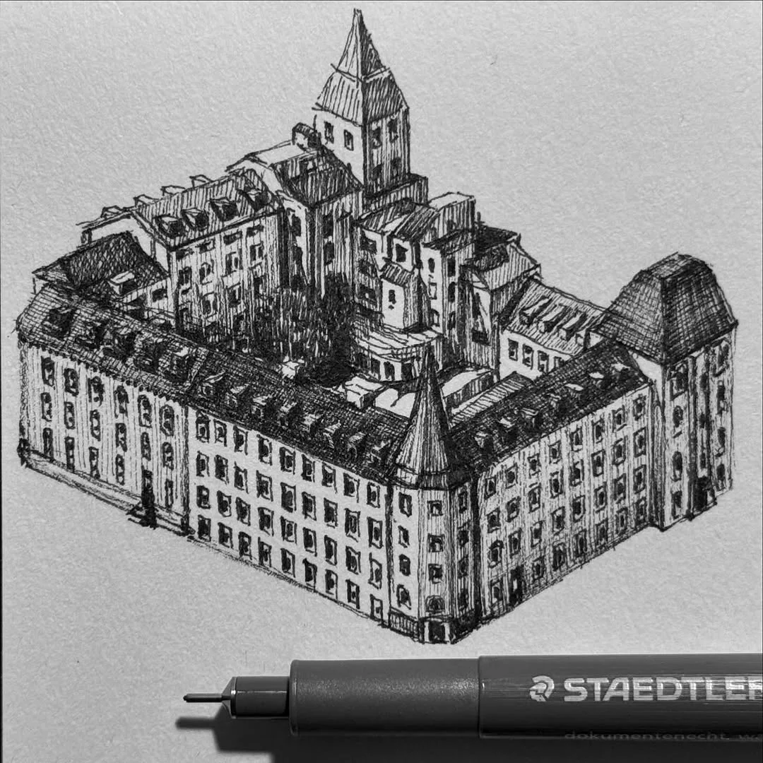 Highly detailed ink axonometric sketch of an ornate castle complex drawn with dense hatching
