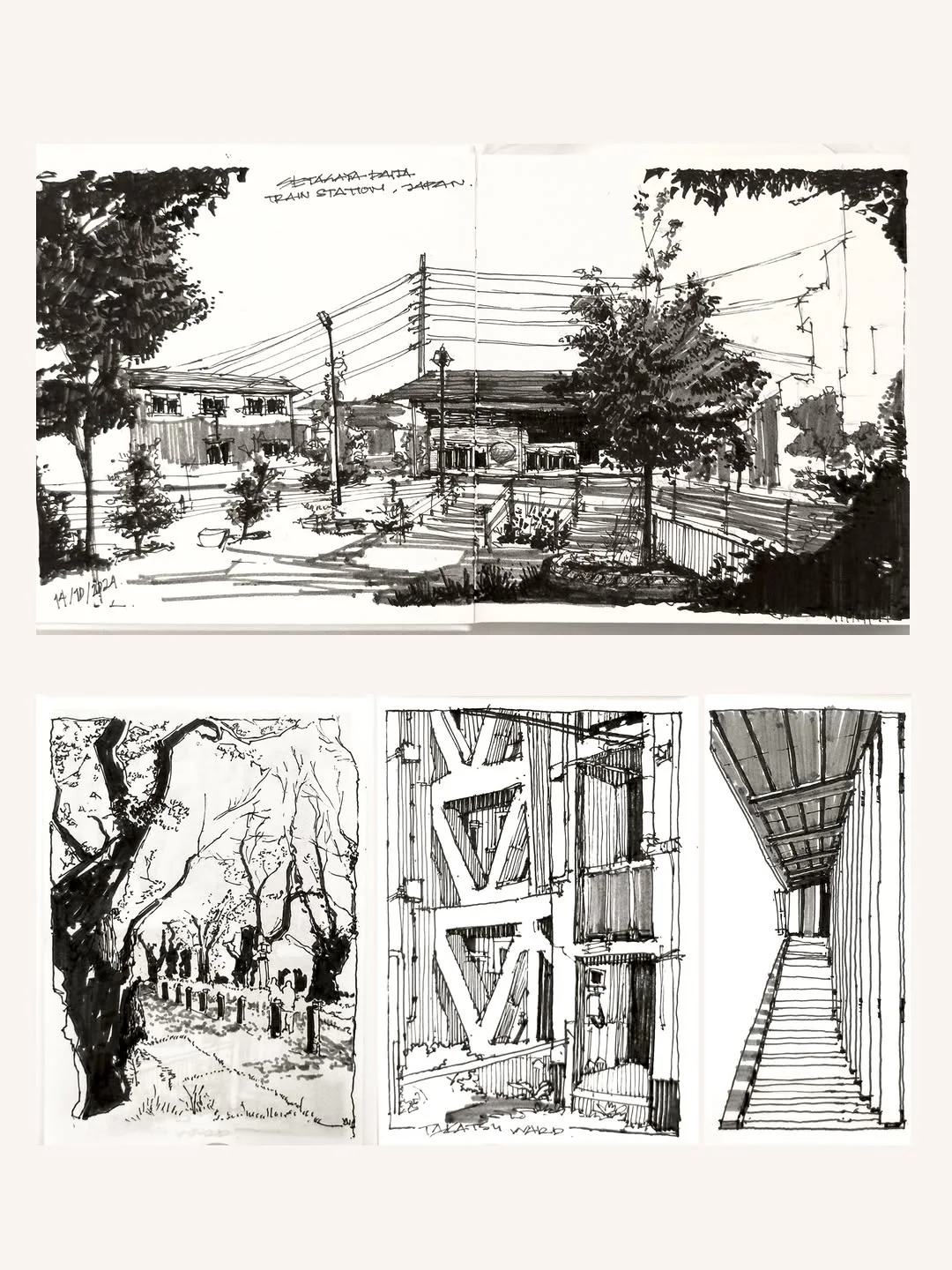 Sketchbook spread with an ink street perspective and several staircase detail studies drawn with dense hatching