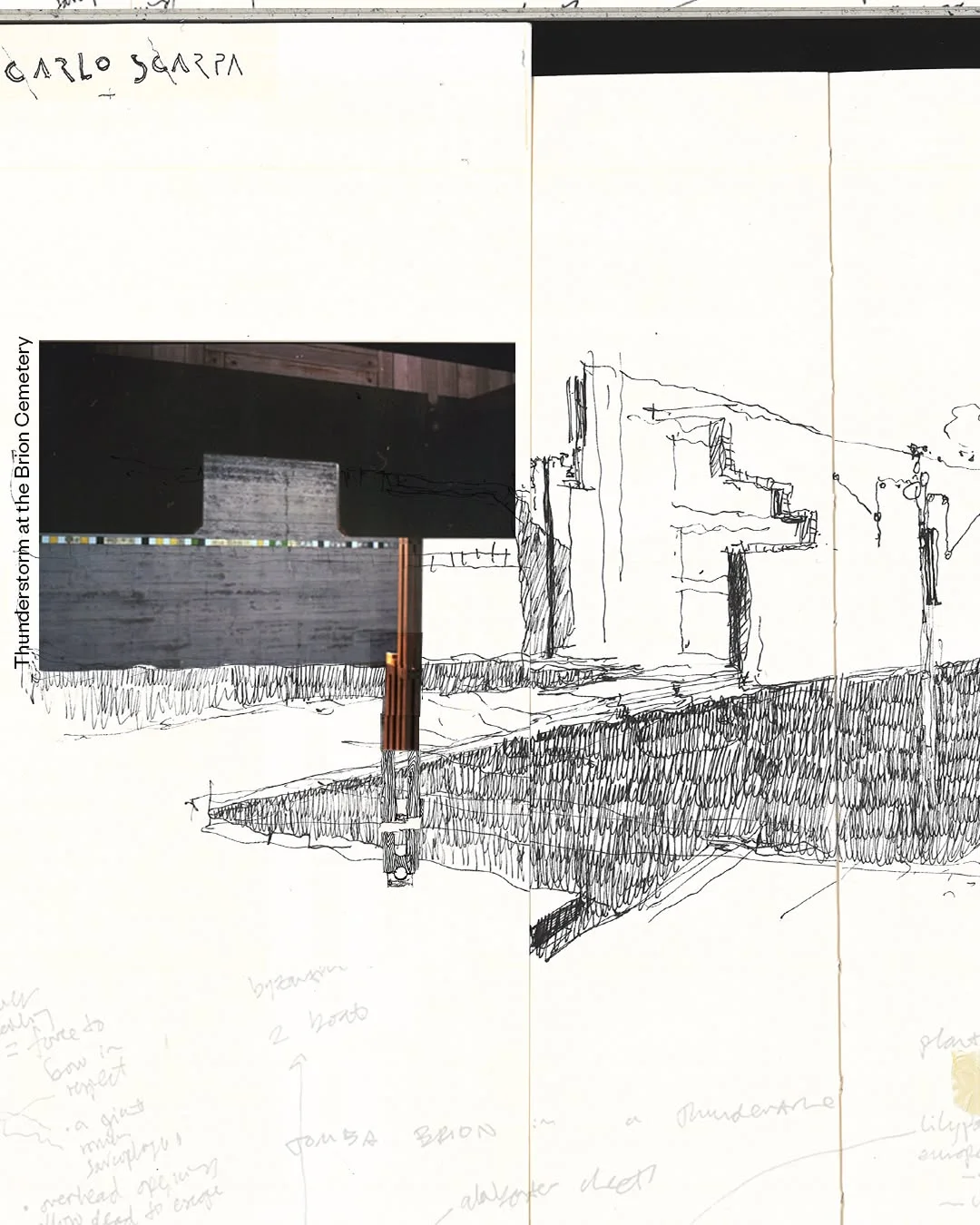 Mixed media sketchbook page on Carlo Scarpa's Brion Cemetery with ink drawings, notes and pasted paper