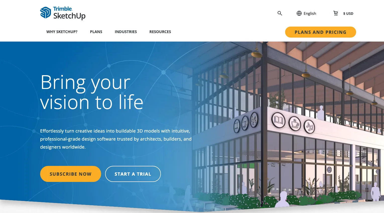 SketchUp homepage hero with a 3D model of a glazed two storey cafe building under a timber pergola