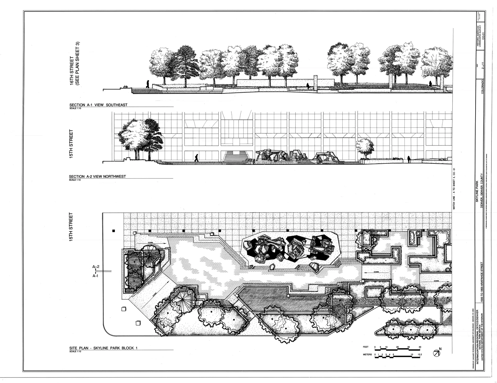Skyline Park (1975), Denver, USA, by Lawrence Halprin, Block 1 plan and sections