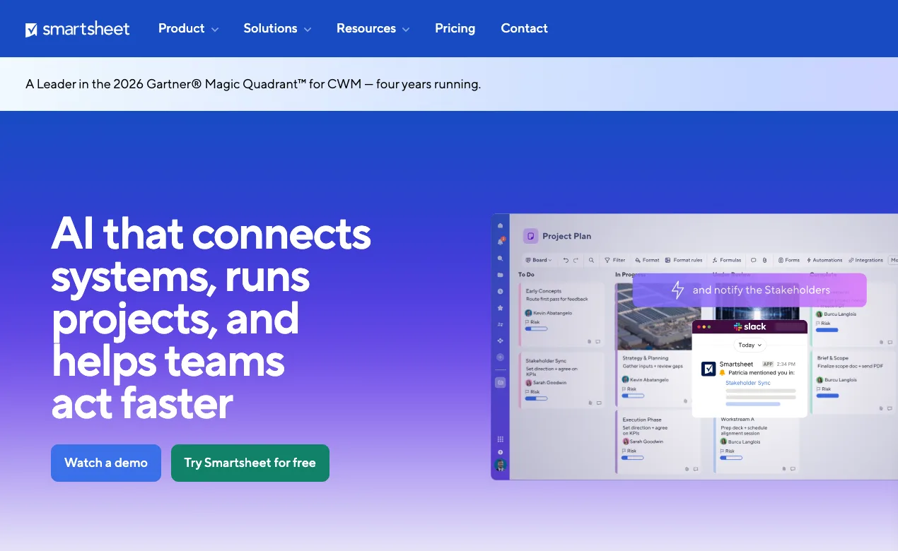 Smartsheet homepage with a project plan board split into to do, in progress and review lanes