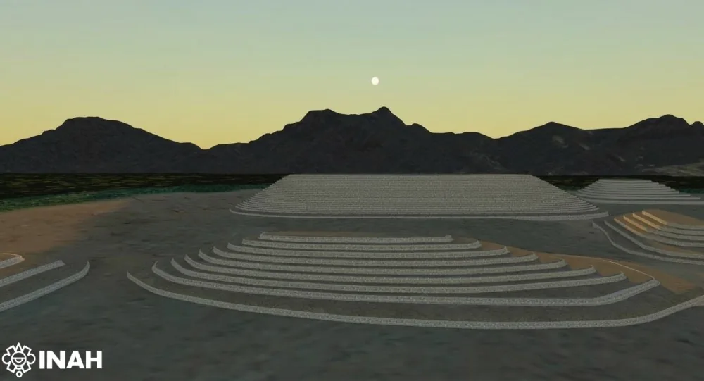 Digital view of the astronomical complex at dusk showing the stepped platforms around a rectangular courtyard