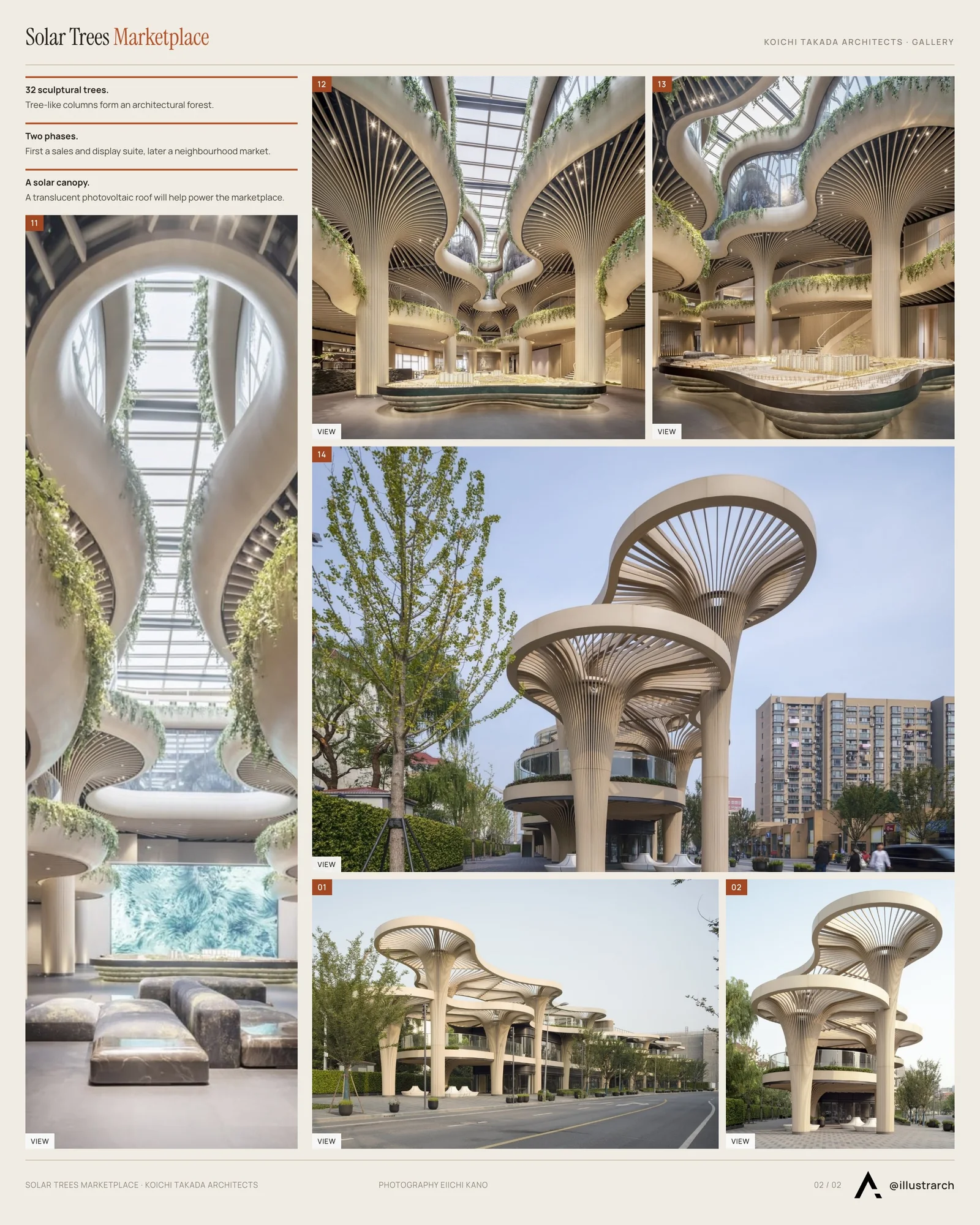Second presentation board sheet for Solar Trees Marketplace by Koichi Takada Architects, laying out the project drawings and images on one page