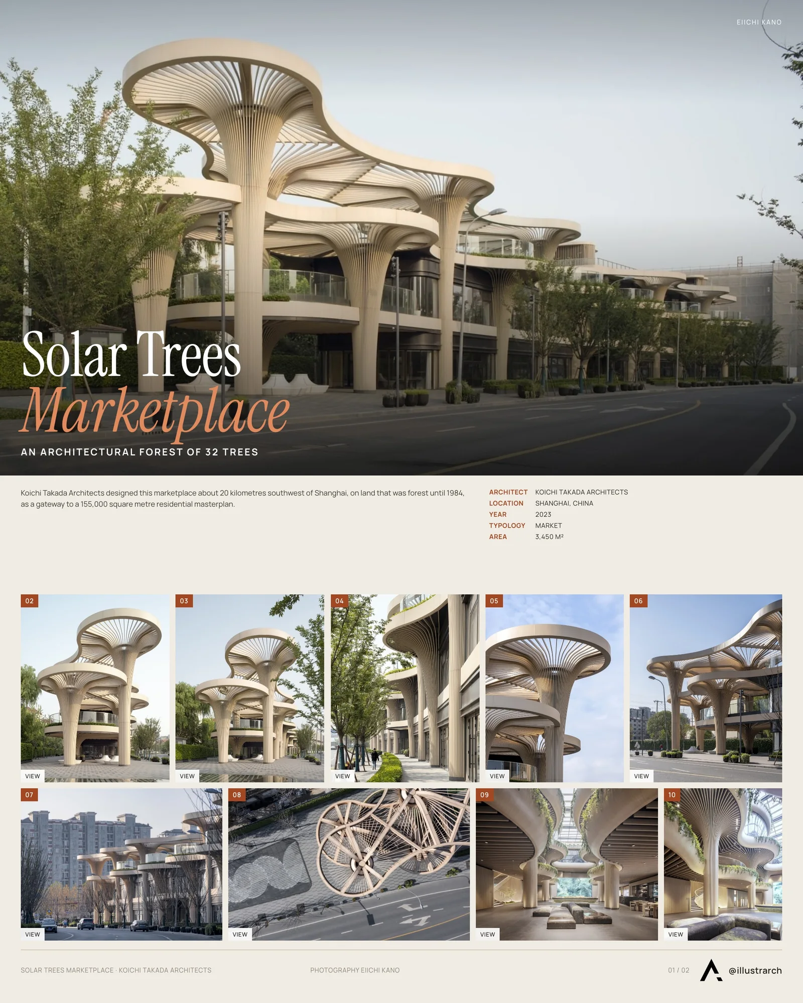 Presentation board cover for Solar Trees Marketplace by Koichi Takada Architects, with the lead image, project summary and a grid of photographs and drawings