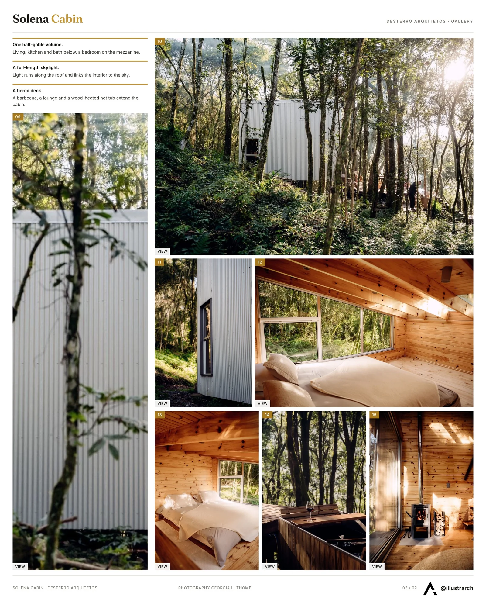 Second presentation board sheet for Solena Cabin - Mata by Desterro Arquitetos, laying out the project drawings and images on one page