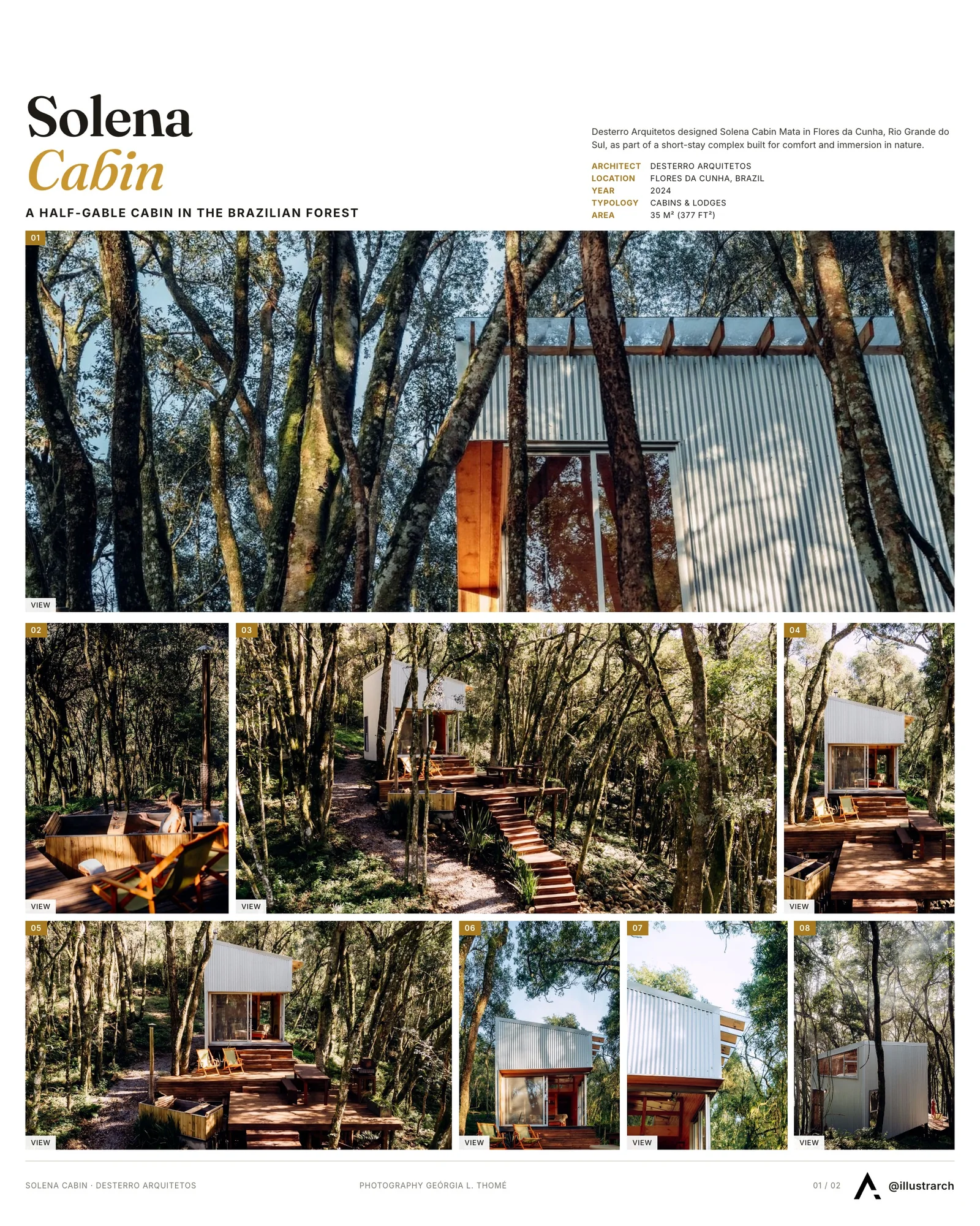 Presentation board cover for Solena Cabin - Mata by Desterro Arquitetos, with the lead image, project summary and a grid of photographs and drawings