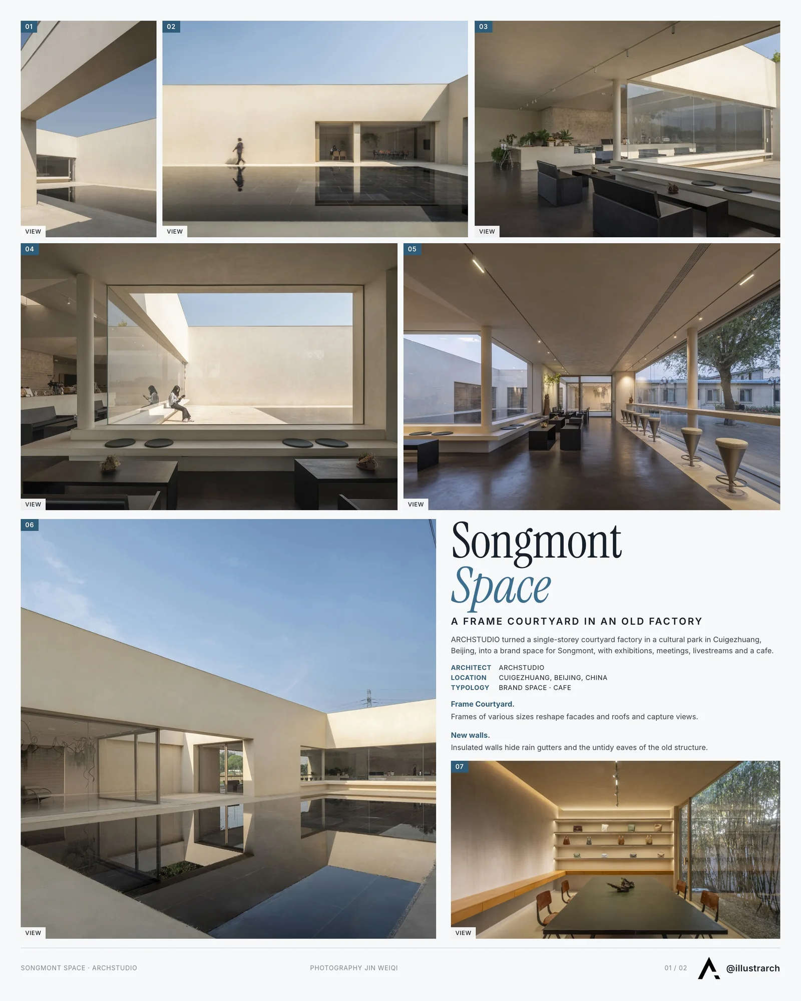 Presentation board cover for Songmont Space by ARCHSTUDIO, with the lead image, project summary and a grid of photographs and drawings
