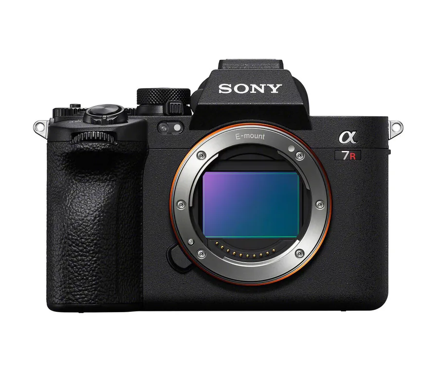 Sony A7R V full-frame mirrorless camera body seen from the front with the sensor exposed