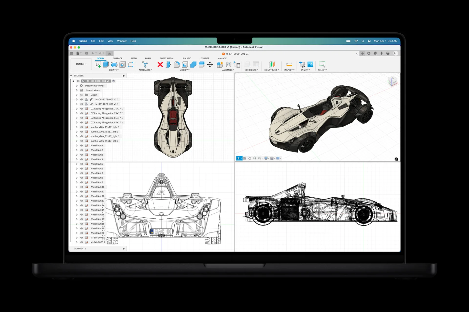 Space black MacBook Pro running Autodesk Fusion with four CAD viewports of a race car model