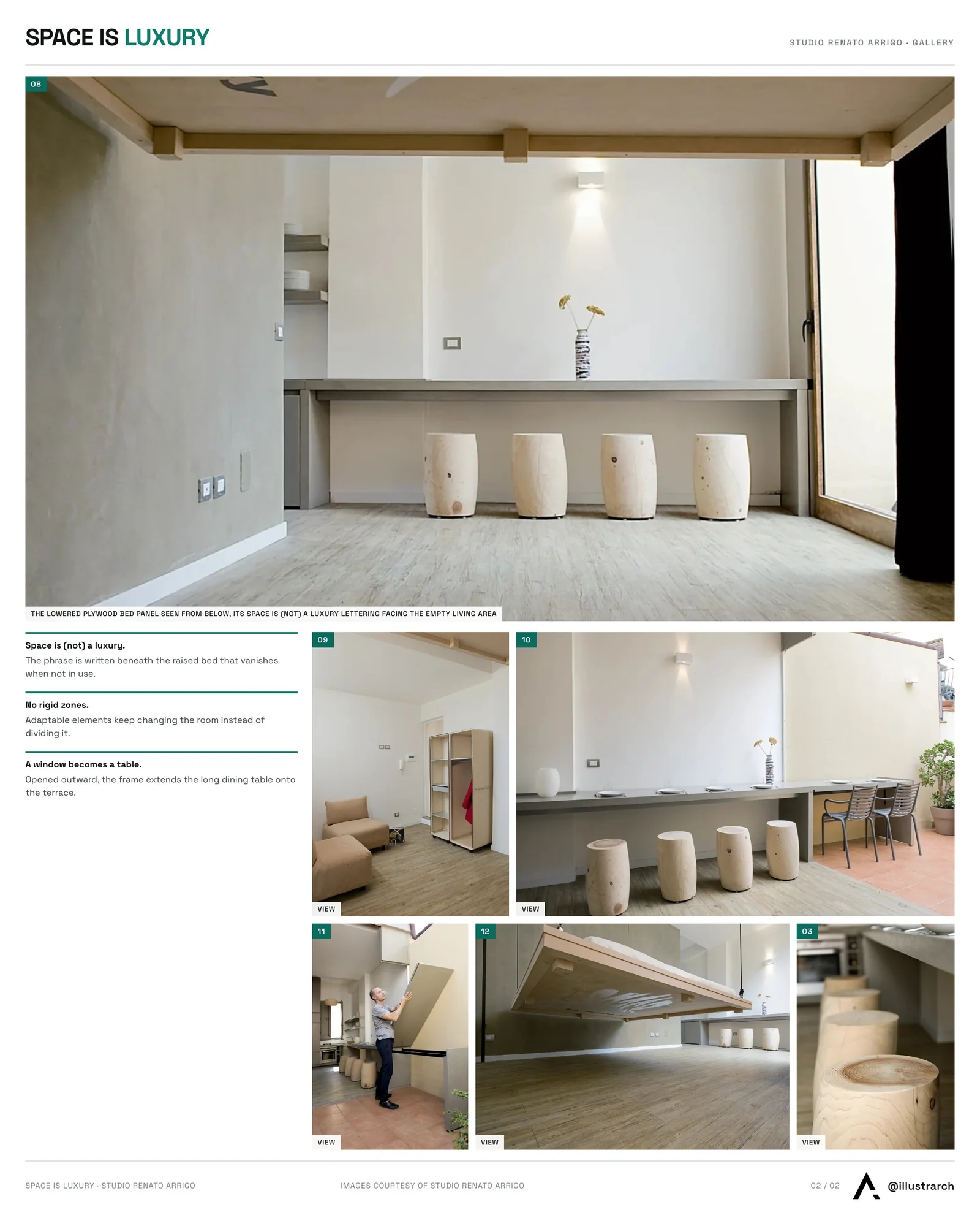 Second presentation board sheet for Space is Luxury by Studio Renato Arrigo, laying out the project drawings and images on one page