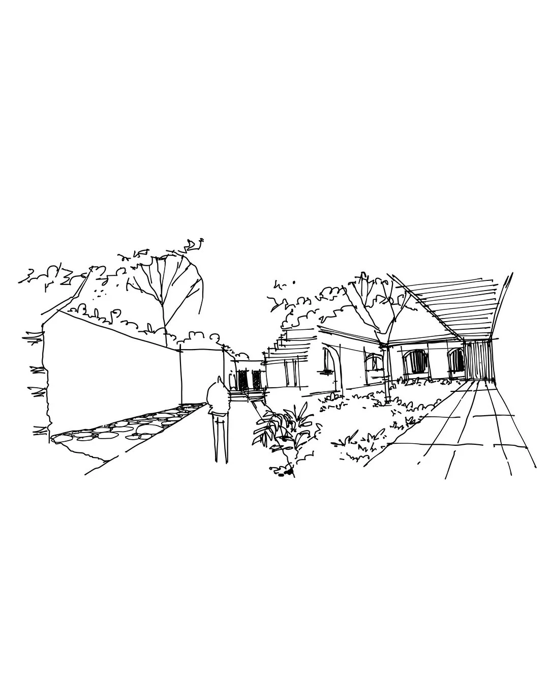 Light line sketch of a house entrance path with trees, showing scale through a single human figure