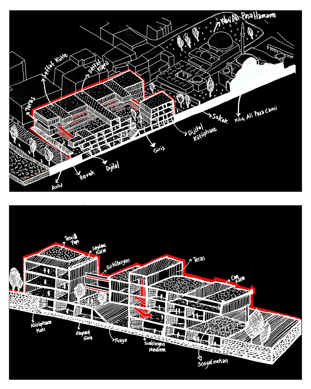 White line axonometric diagram on black ground with a highlighted structural volume, as an abstract conceptual axonometric