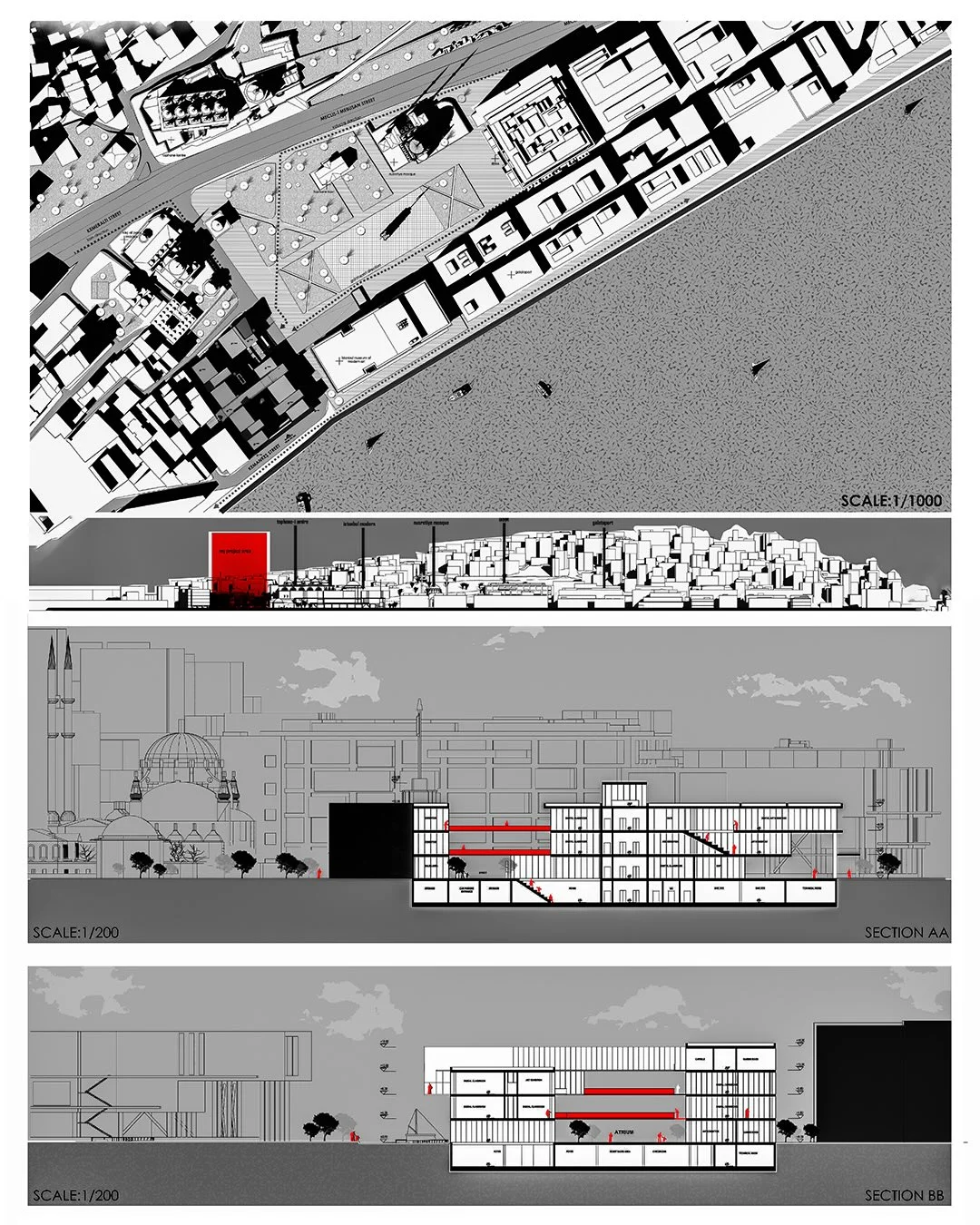 Urban block map with a highlighted plot above a street elevation and section for Spectrum Karakoy