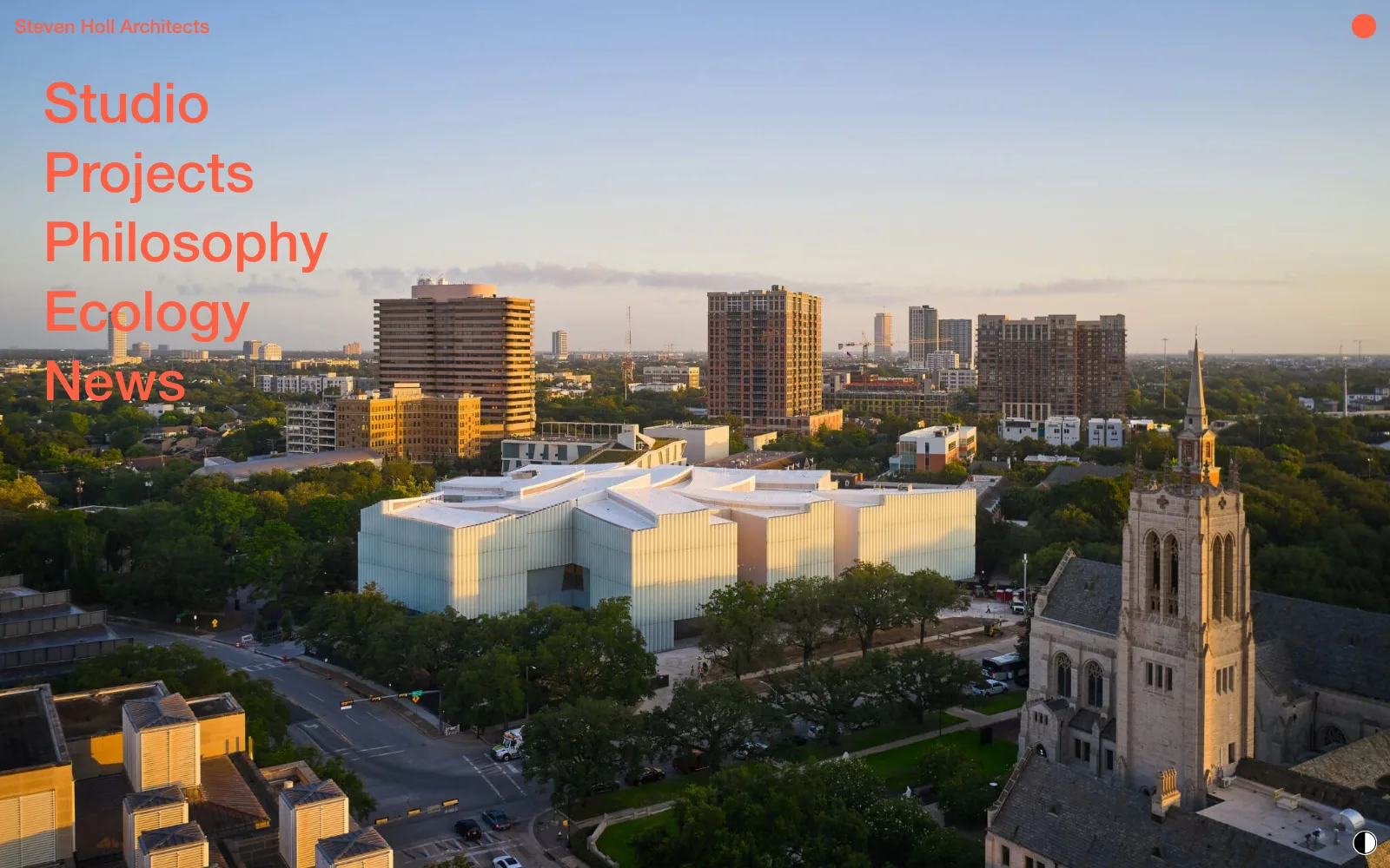 Steven Holl Architects homepage with an aerial view of a white museum building among city blocks
