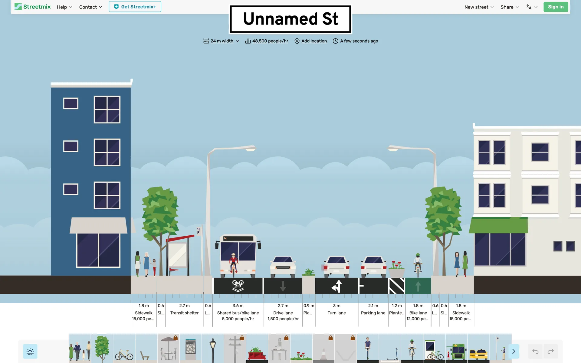 Streetmix section of a 24 m street with sidewalks, transit shelter, shared bus lane, turn lane and bike lane