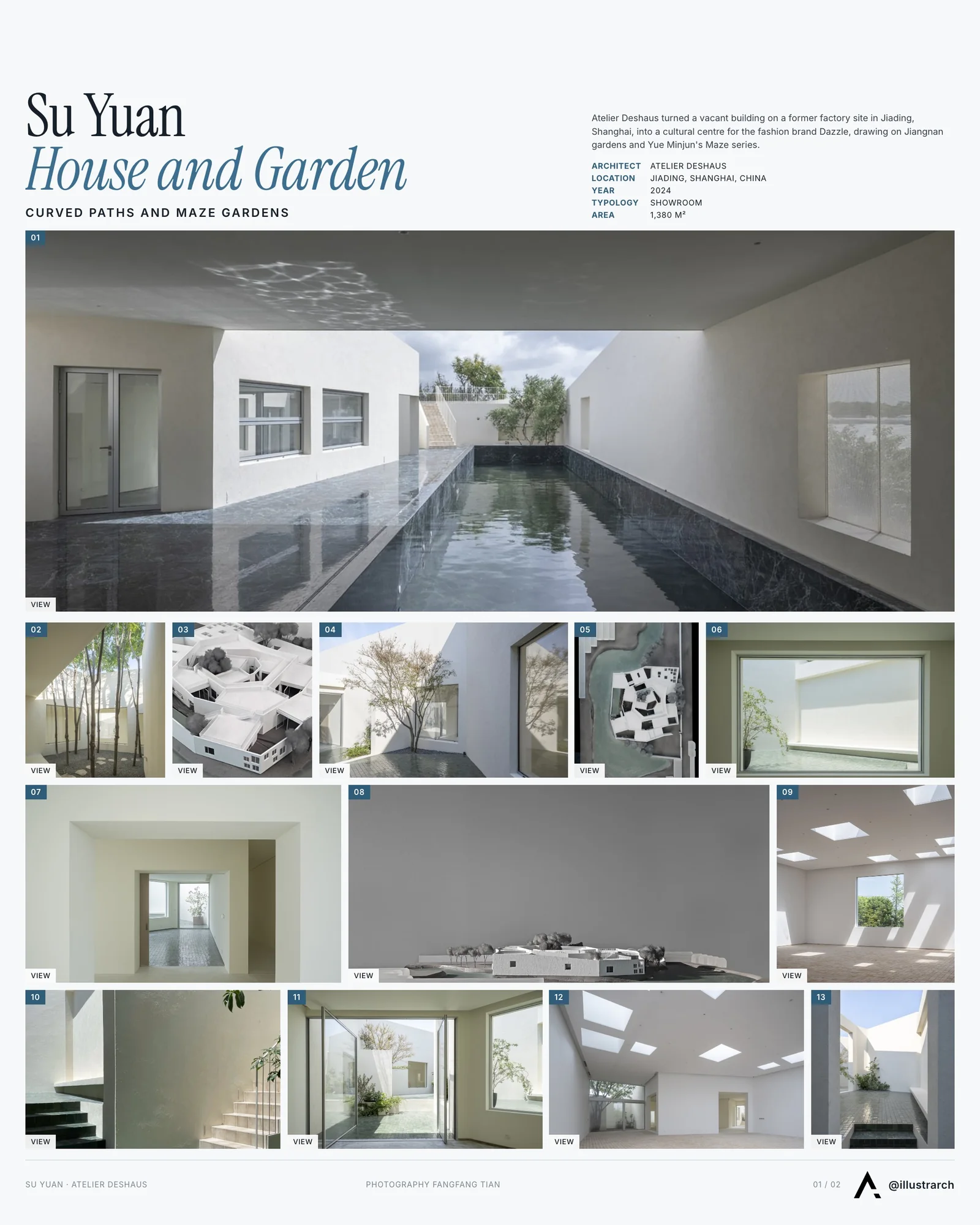 Presentation board cover for Su Yuan, House and Garden by Atelier Deshaus, with the lead image, project summary and a grid of photographs and drawings