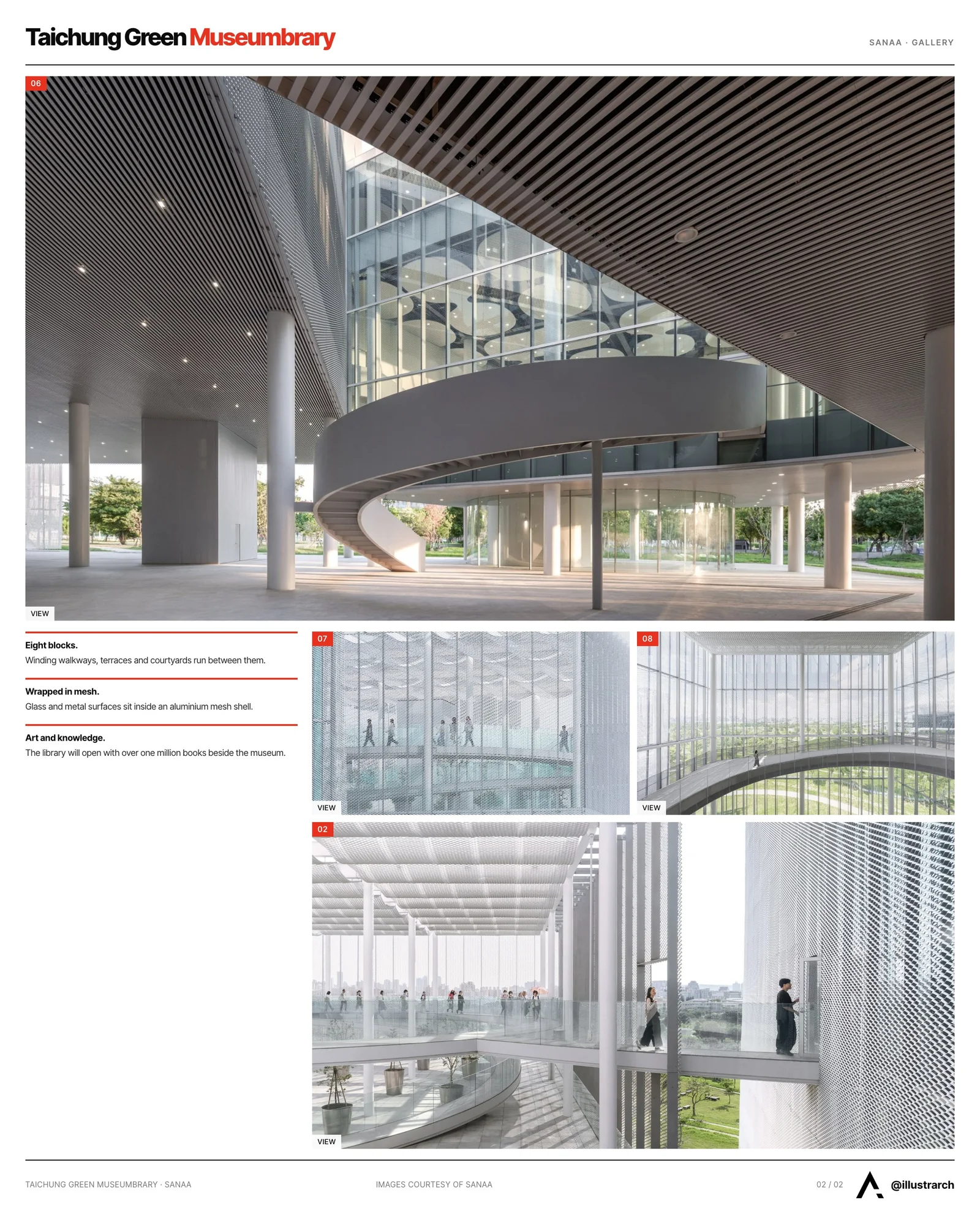 Second presentation board sheet for SANAA Finishes Work on the Taichung Green Museumbrary, laying out the project drawings and images on one page