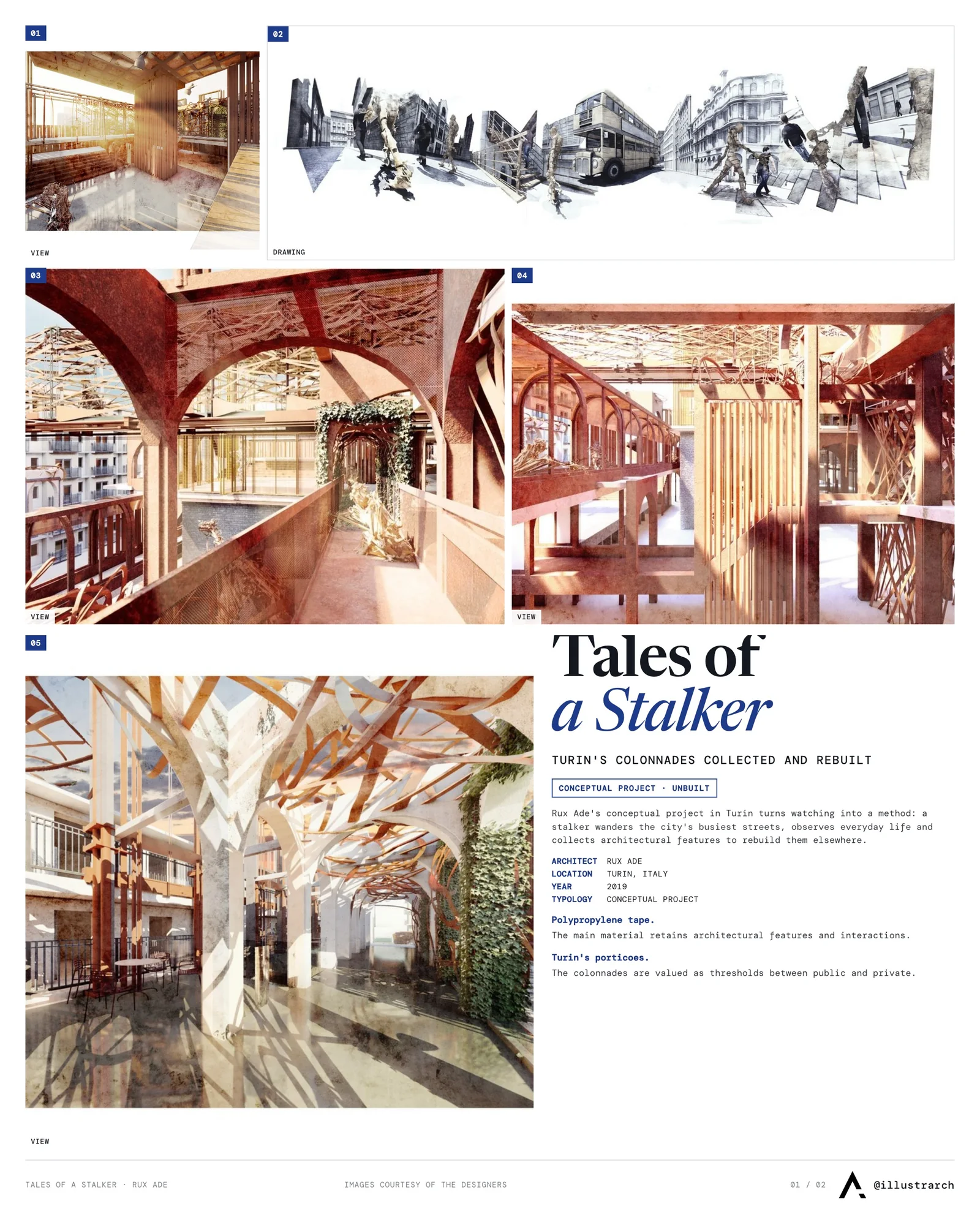 Presentation board cover for Tales of a Stalker, with the lead image, project summary and a grid of photographs and drawings