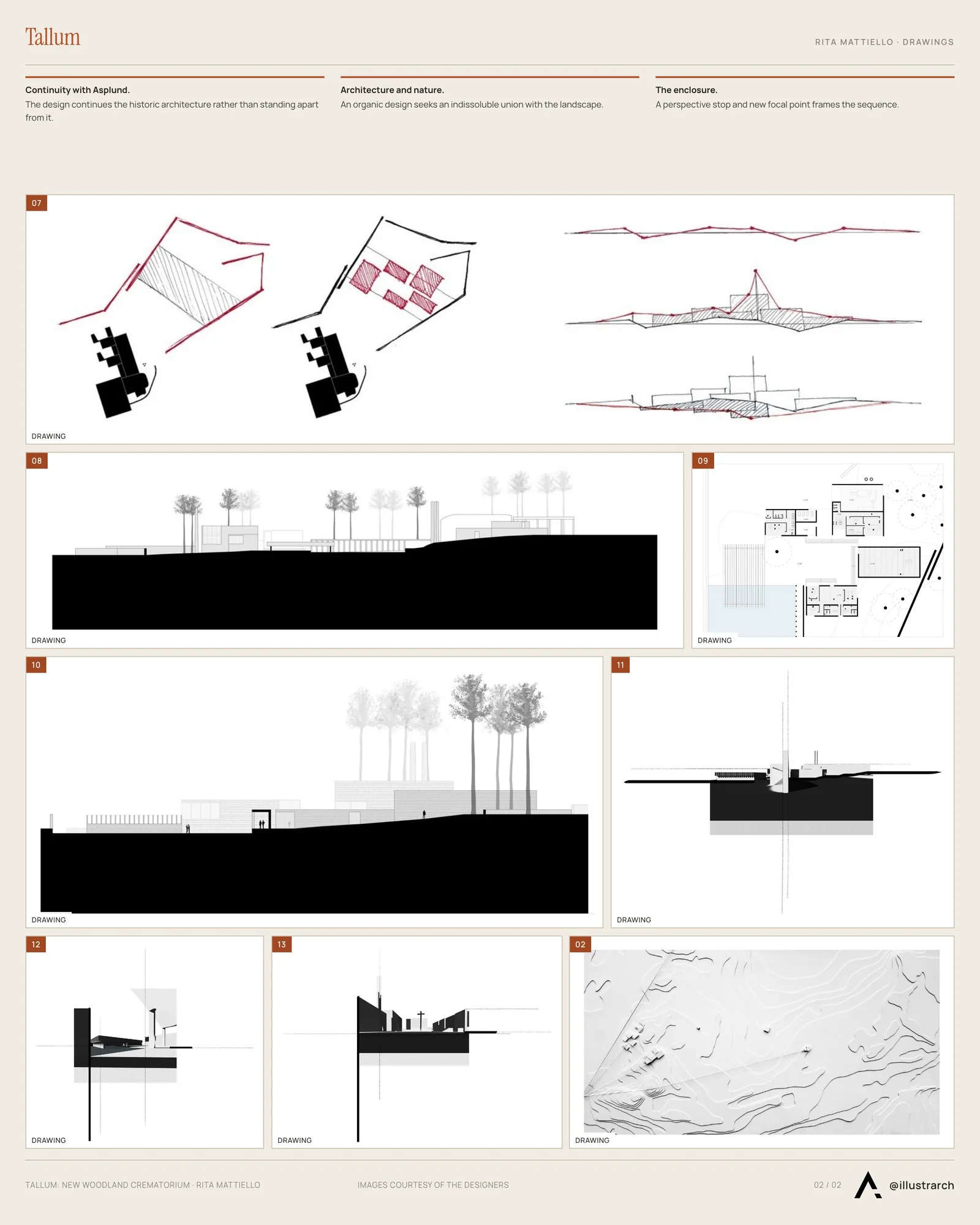 Second presentation board sheet for Tallum – New Woodland Crematorium, laying out the project drawings and images on one page