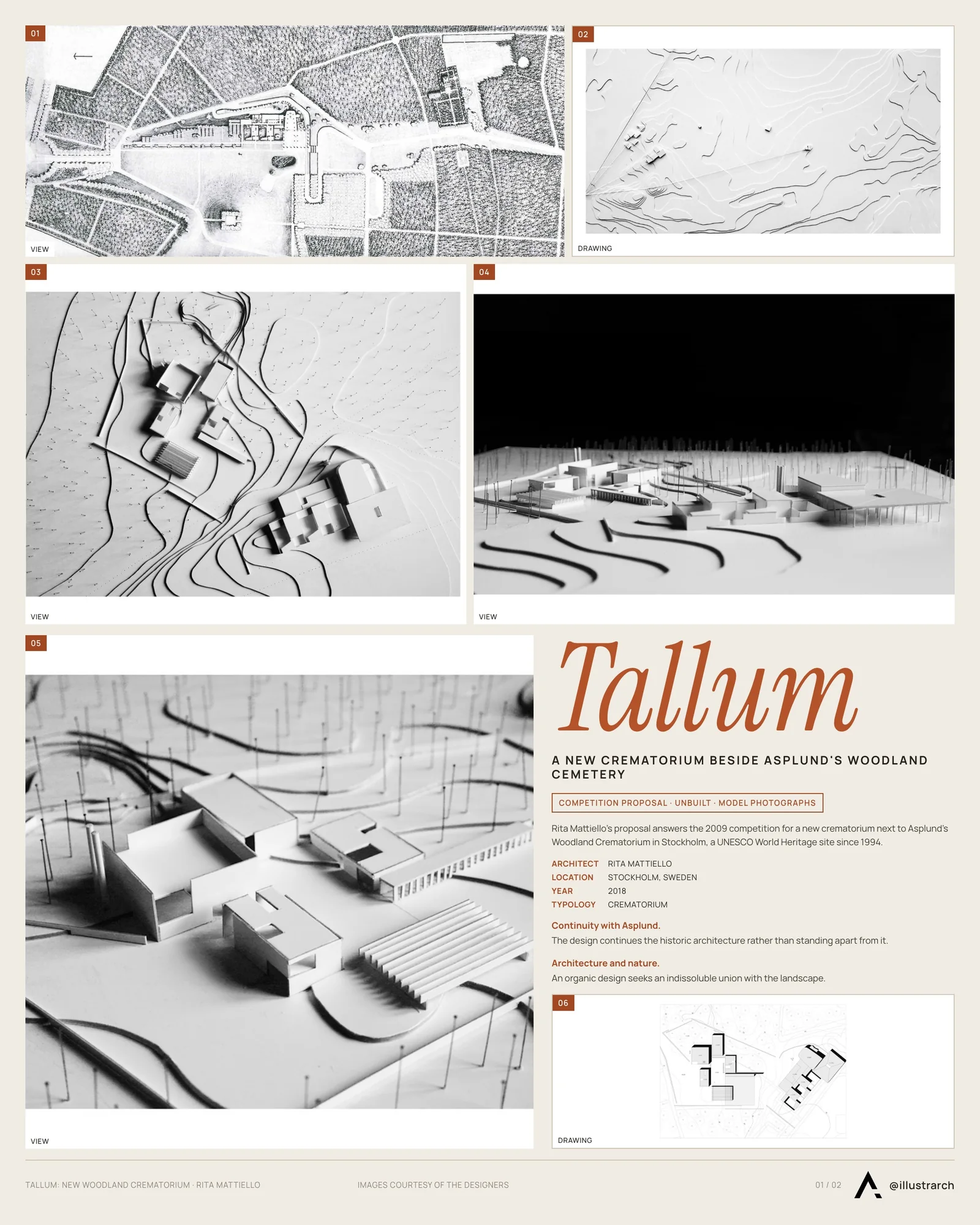 Presentation board cover for Tallum – New Woodland Crematorium, with the lead image, project summary and a grid of photographs and drawings