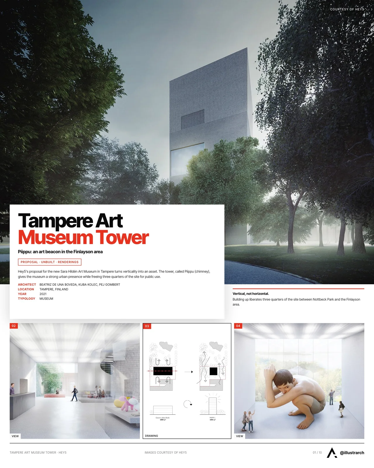 Presentation board cover for Tampere Art Museum Tower showing a dramatic light filled interior photo, as a striking portfolio first page