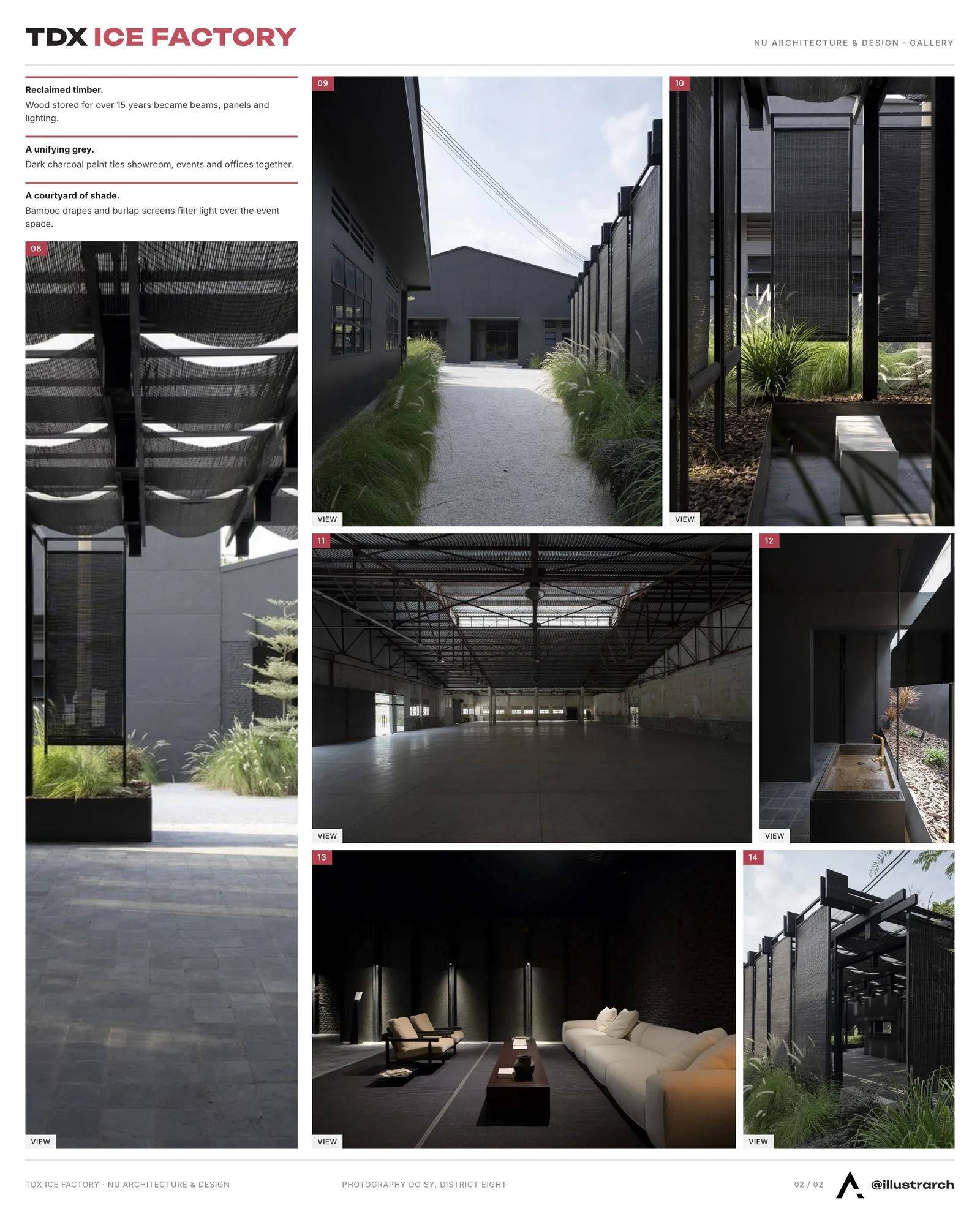 Second presentation board sheet for TDX Ice Factory by NU architecture & design, laying out the project drawings and images on one page