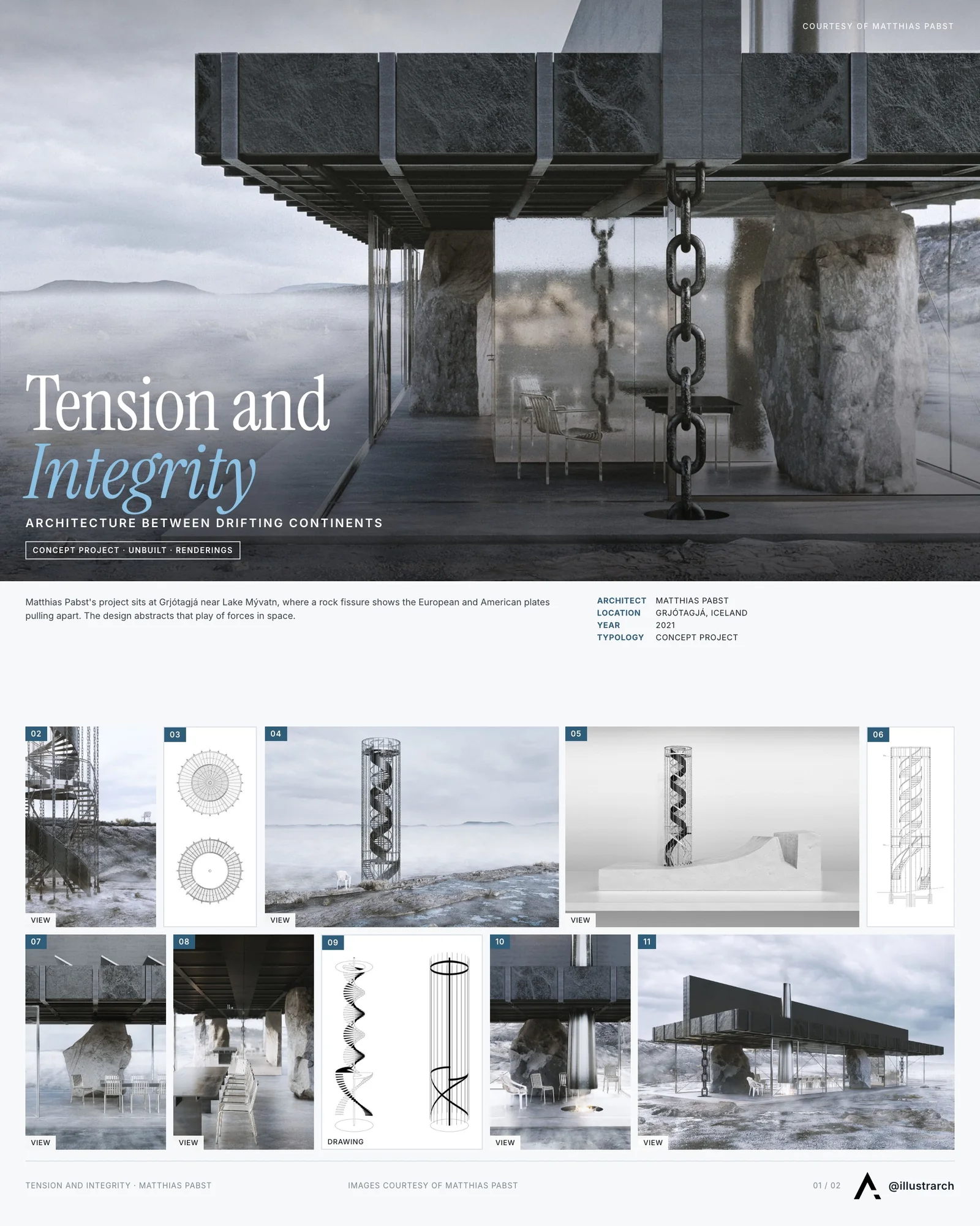 Presentation board cover for Tension and Integrity, with the lead image, project summary and a grid of photographs and drawings