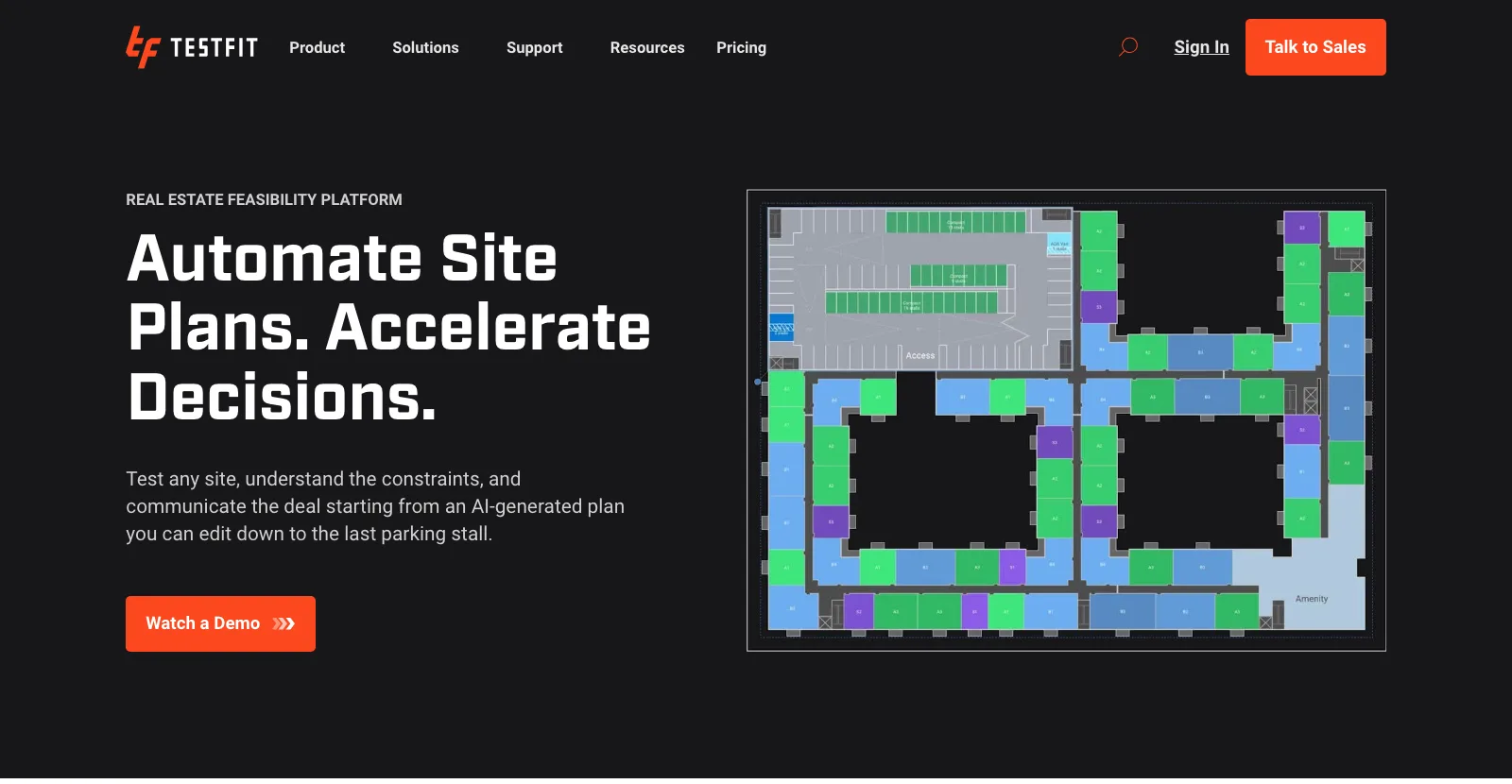 TestFit home page showing an AI generated parking and building site plan beside the Automate Site Plans headline