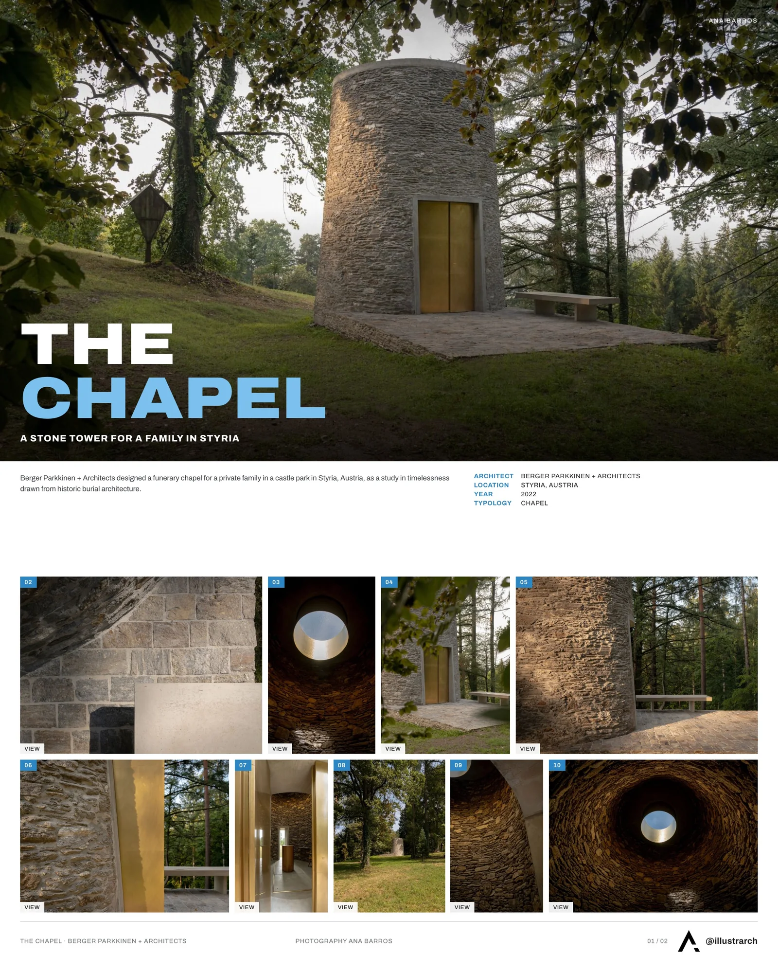 Presentation board cover for The Chapel by Berger Parkkinen + Architects, with the lead image, project summary and a grid of photographs and drawings