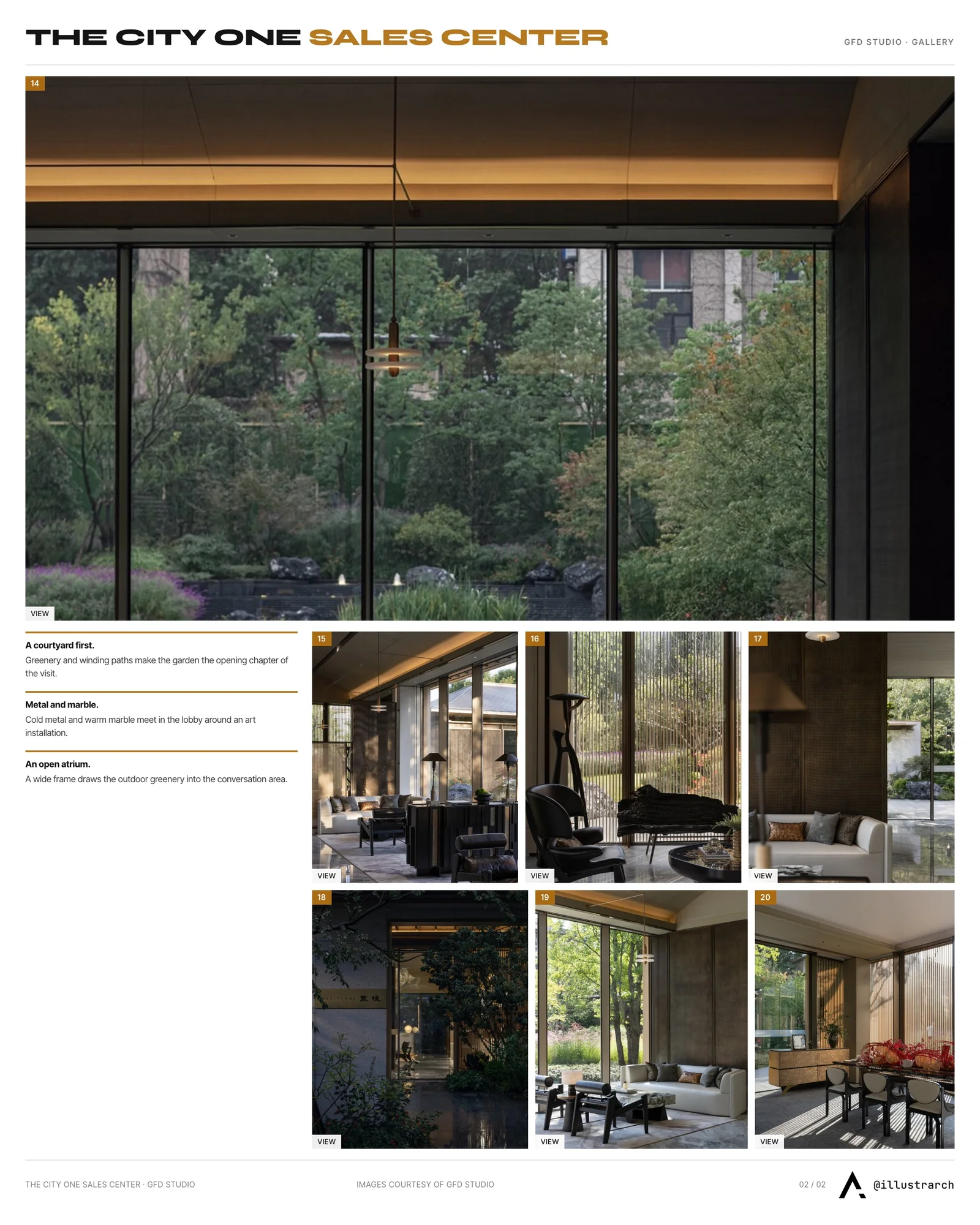 Second presentation board sheet for THE CITY ONE Sales Center, laying out the project drawings and images on one page