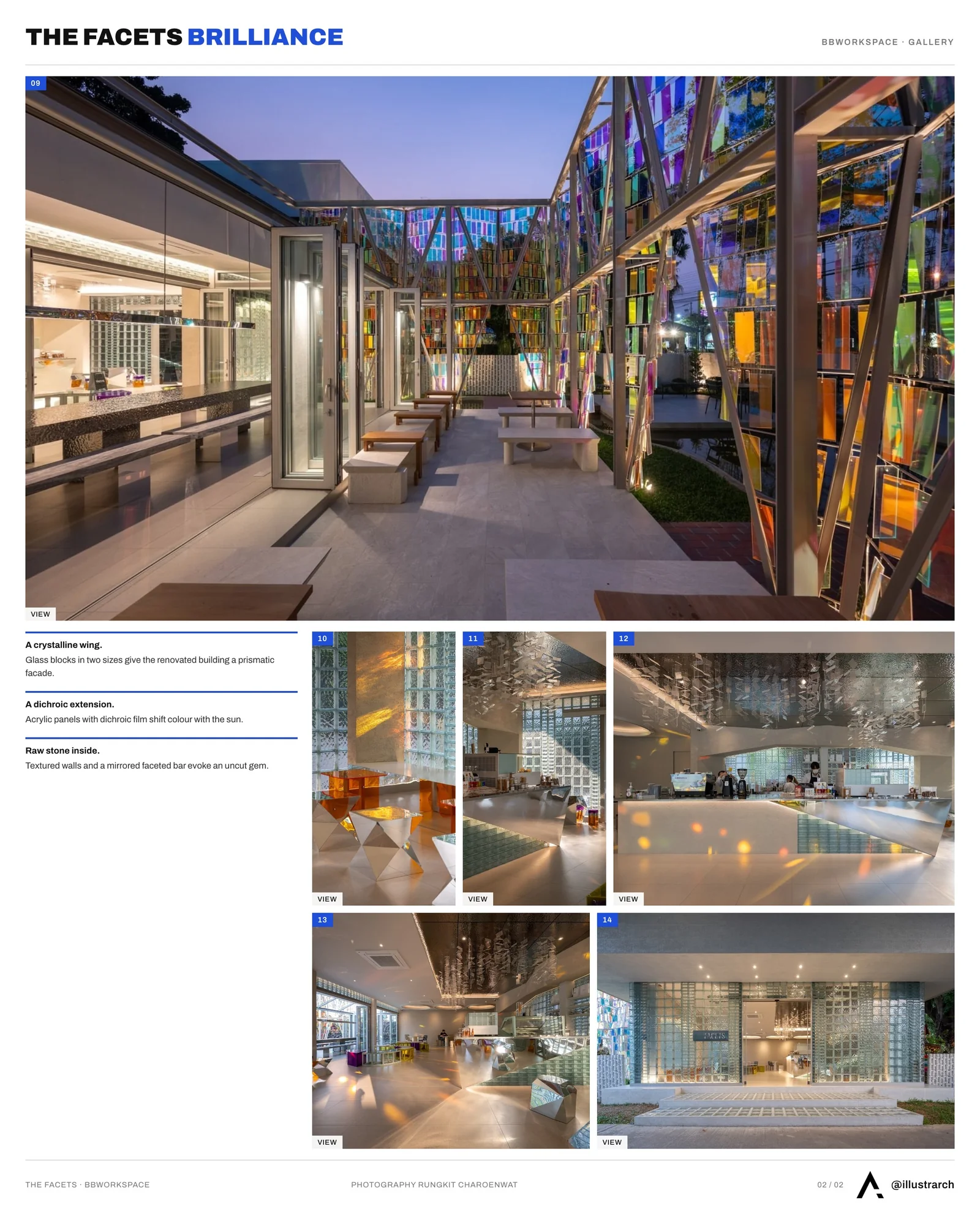 Second presentation board sheet for A Brilliance of Light – THE FACETS by BBWORKSPACE, laying out the project drawings and images on one page