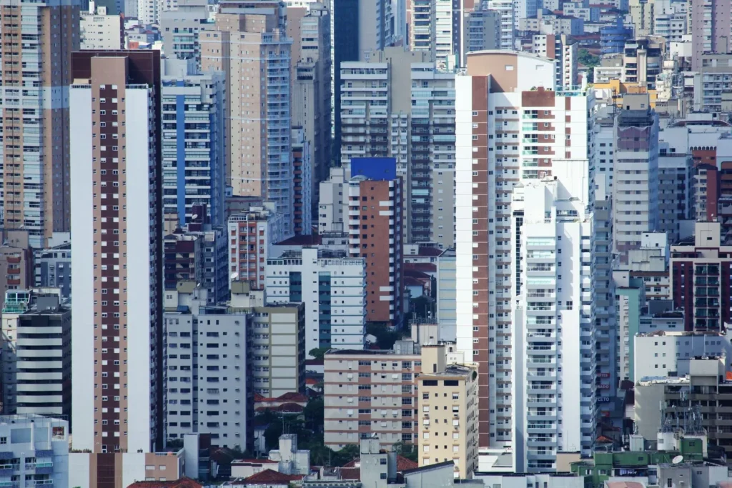 Tightly packed residential towers in São Vicente, Brazil, the kind of density that shapes the future of cities