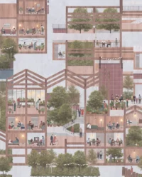 Sectional perspective of stacked rooms where residents rest, play board games and tend plants, with pitched timber frames, a planted stair and string lights, The Health Sanctuary by Anindita Shrivastava