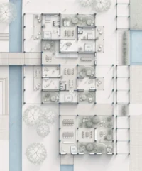 Ground floor plan with bedrooms, kitchens and dining rooms around planted courtyards on a structural grid, reached by a boardwalk beside a water channel, The Health Sanctuary by Anindita Shrivastava