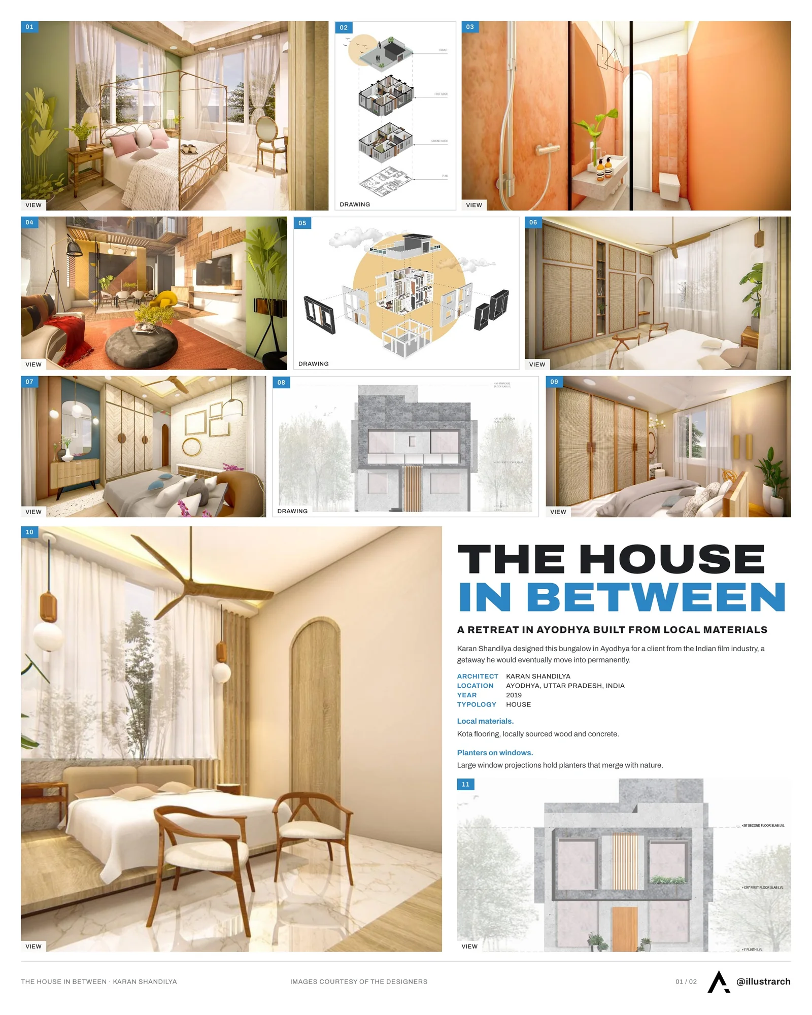 Presentation board cover for The House in Between, with the lead image, project summary and a grid of photographs and drawings