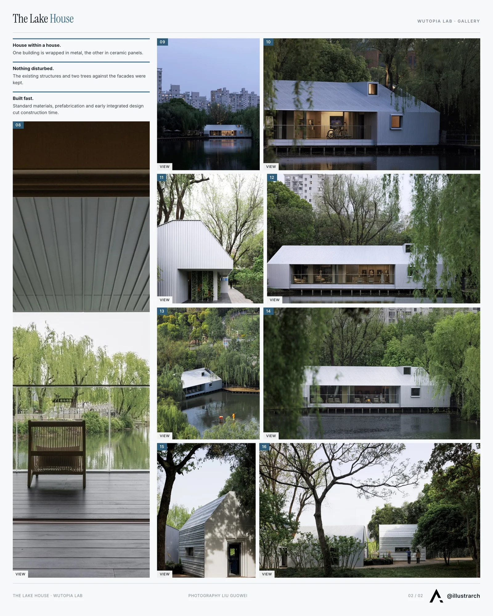 Second presentation board sheet for The Lake House, Life Experience Pavilion by Wutopia Lab, laying out the project drawings and images on one page