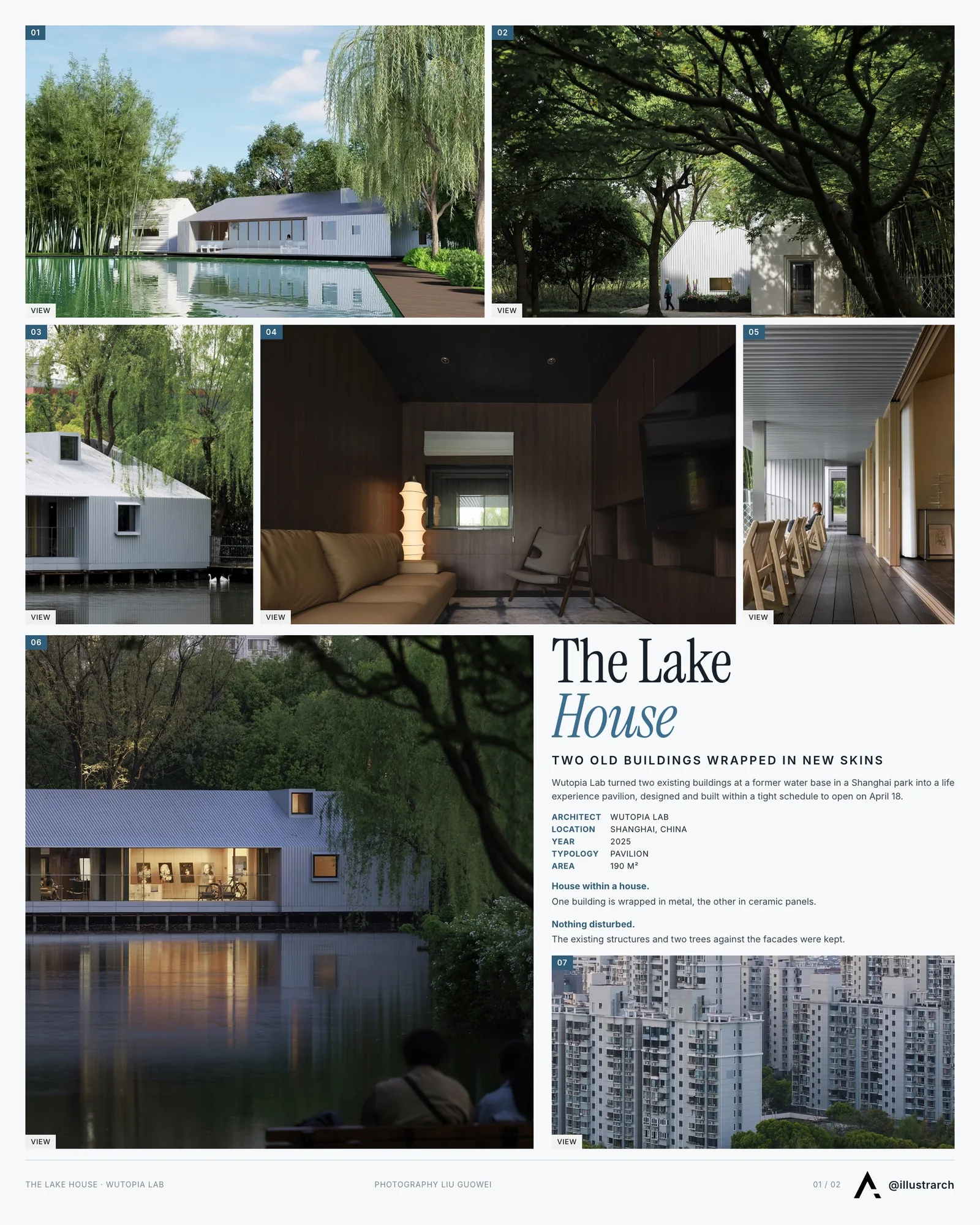 Presentation board cover for The Lake House, Life Experience Pavilion by Wutopia Lab, with the lead image, project summary and a grid of photographs and drawings