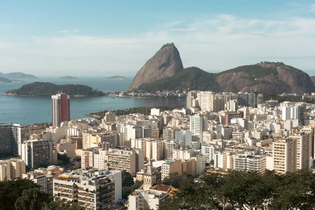 Rio de Janeiro apartment blocks along Guanabara Bay with Sugarloaf Mountain behind