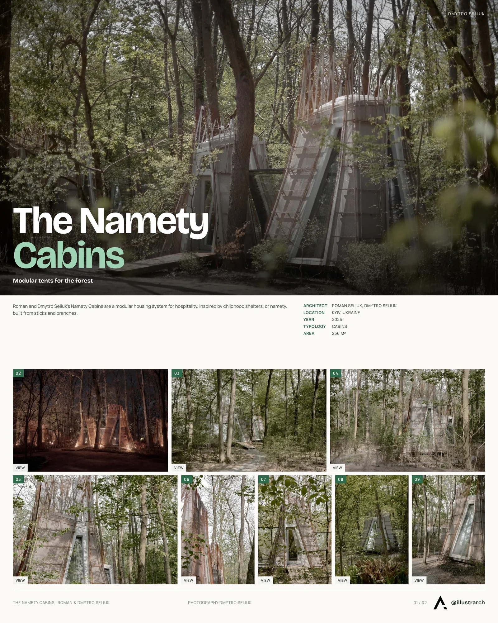 Presentation board cover for The Namety Cabins by Roman & Dmytro Seliuk, with the lead image, project summary and a grid of photographs and drawings