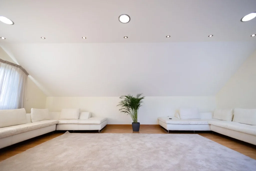 Bright attic living room with low white sofas, a pale rug and a single potted palm, leaving the floor largely open