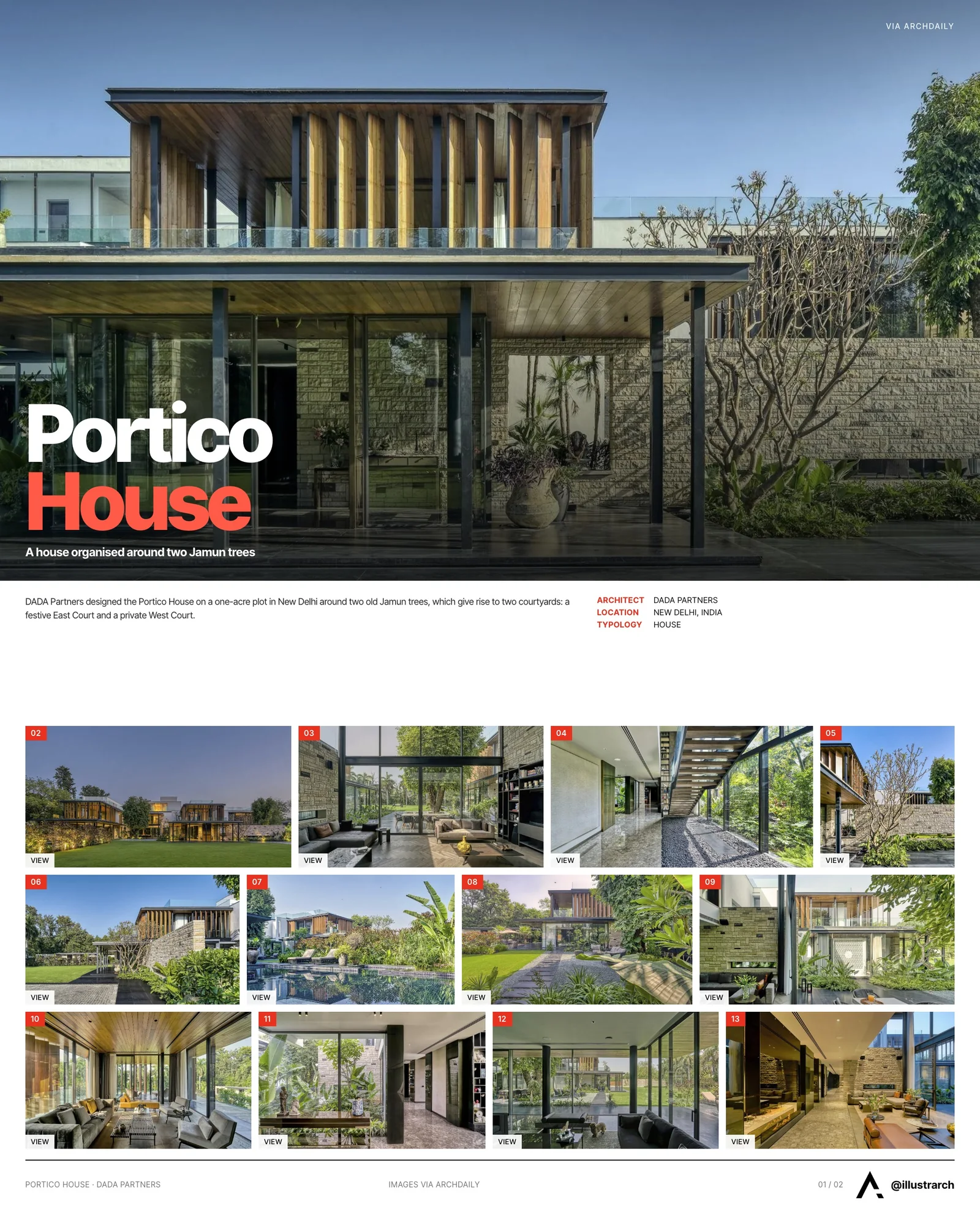 Presentation board cover for The Portico House: Where Modern Living Meets Serene Greenery, with the lead image, project summary and a grid of photographs and drawings