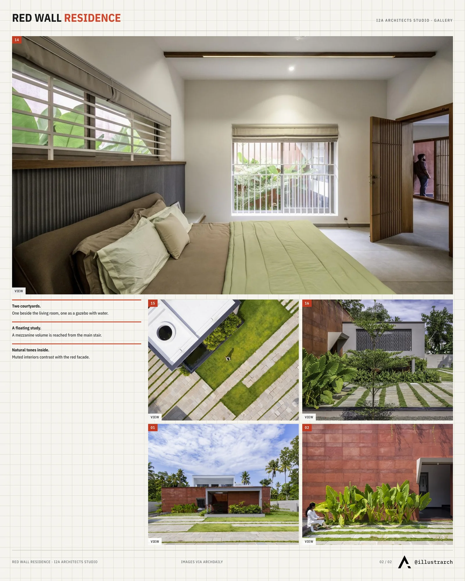 Second presentation board sheet for The Red Wall Residence: A Symphony of Modern Architecture and Natural Harmony, laying out the project drawings and images on one page