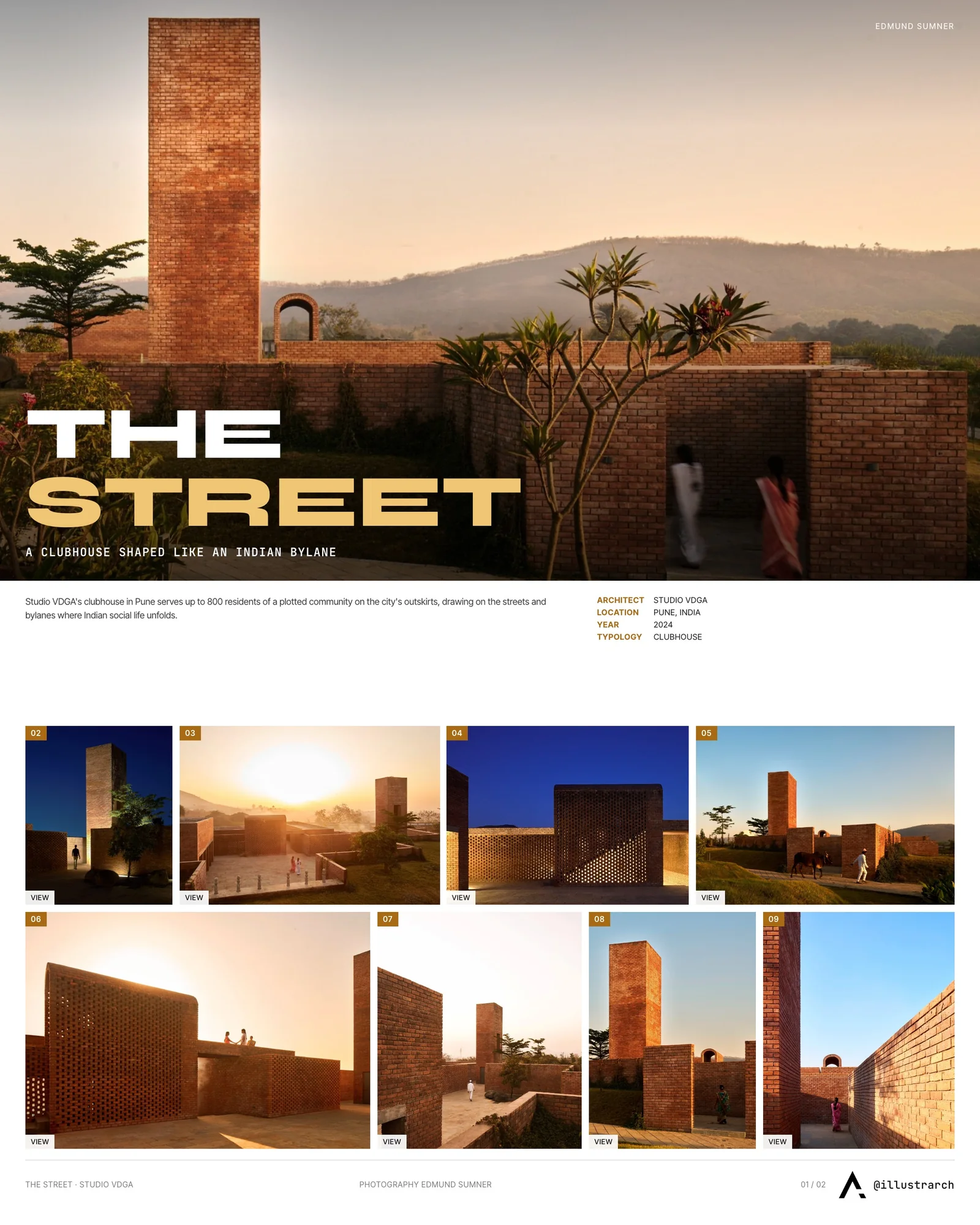 Presentation board cover for The Street: A Community Clubhouse Inspired by Indian Bylanes, with the lead image, project summary and a grid of photographs and drawings